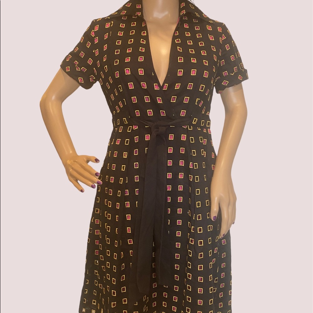 Diane von Furstenberg Bundette Faux Wrap Retro Look Black Linen Dress Size 4 VGC